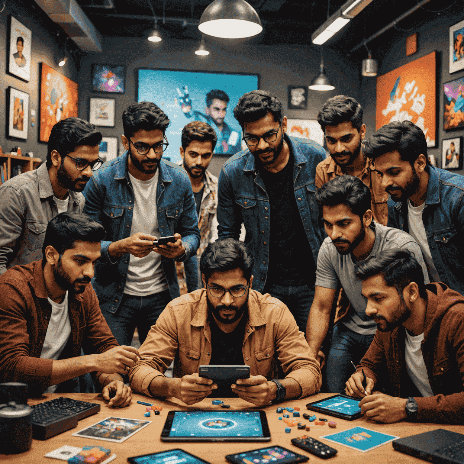 Diverse group of Indian game developers collaborating on a mobile game project, surrounded by colorful game art and advanced development tools