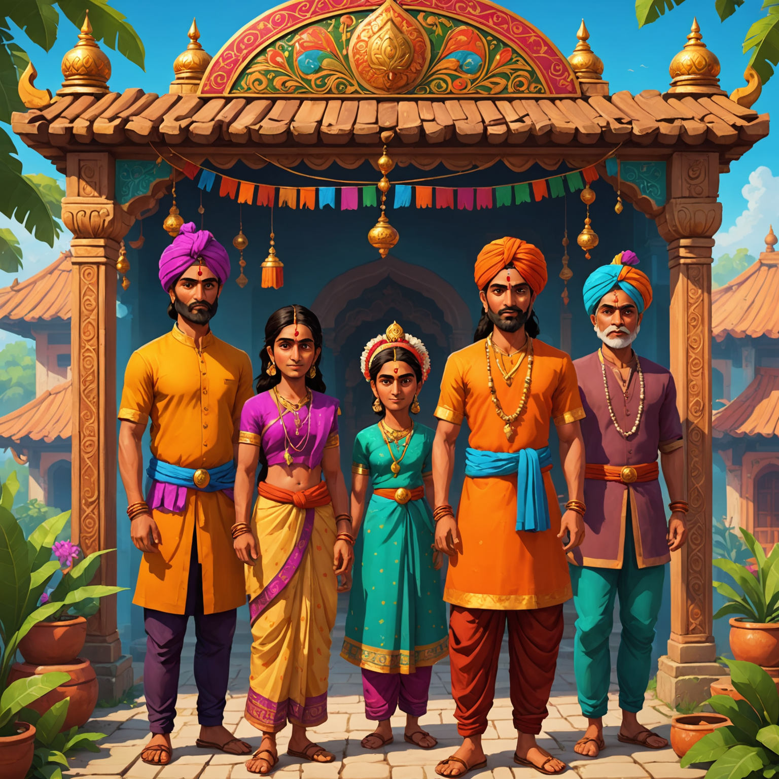 Screenshot of a vibrant, colorful mobile game featuring Indian cultural elements such as traditional architecture and festive characters