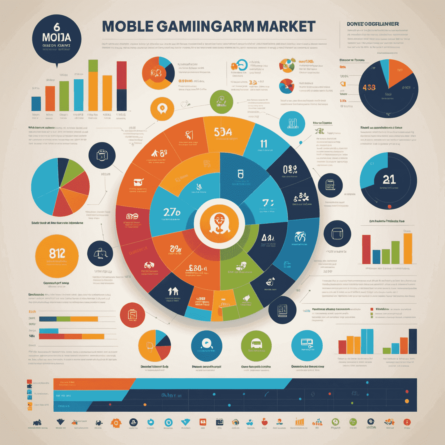 Infographic showing growth charts and statistics of India's mobile gaming market, with colorful icons representing different game genres and player demographics