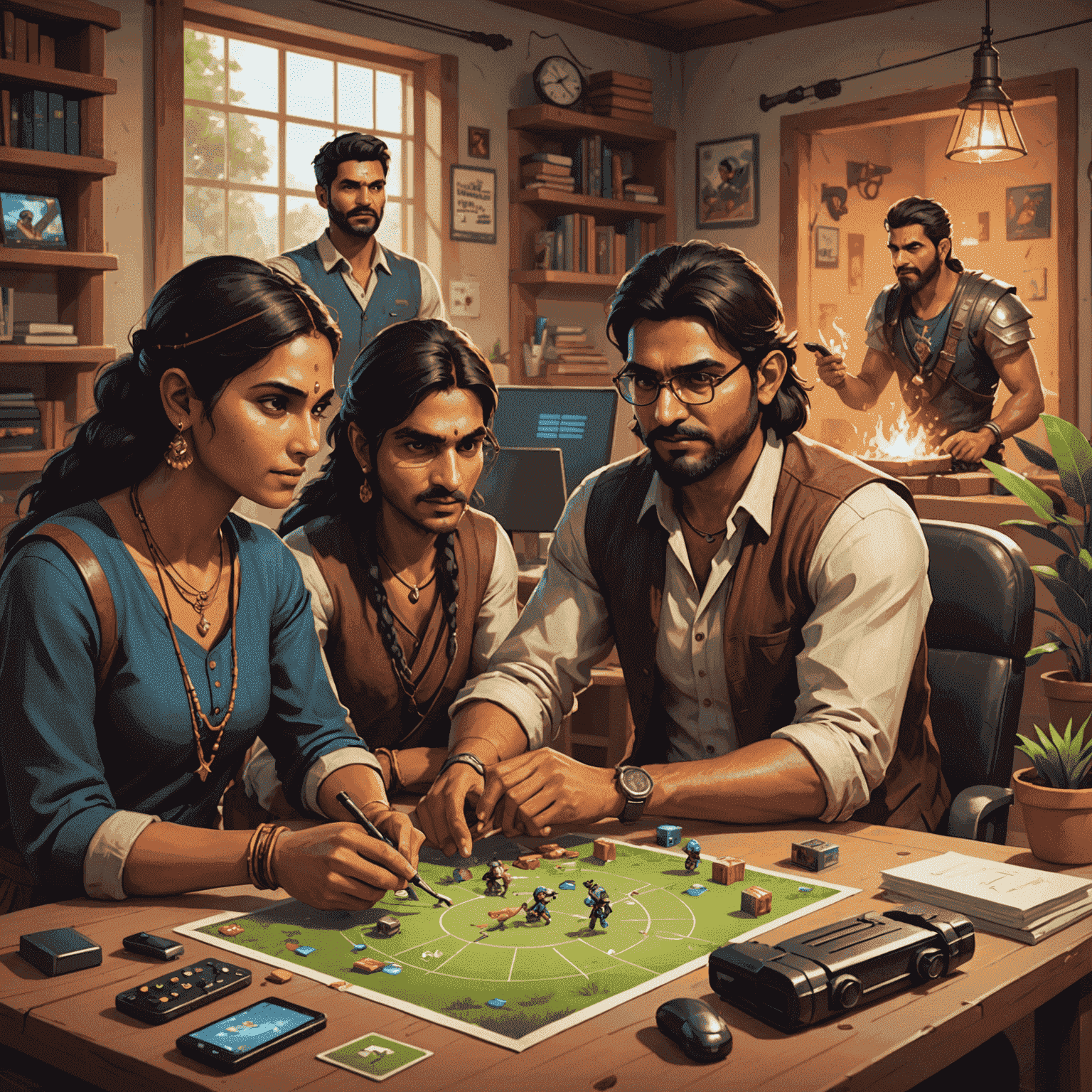 Illustration of game development process with characters, game assets, and code snippets representing mobile game creation for the Indian market