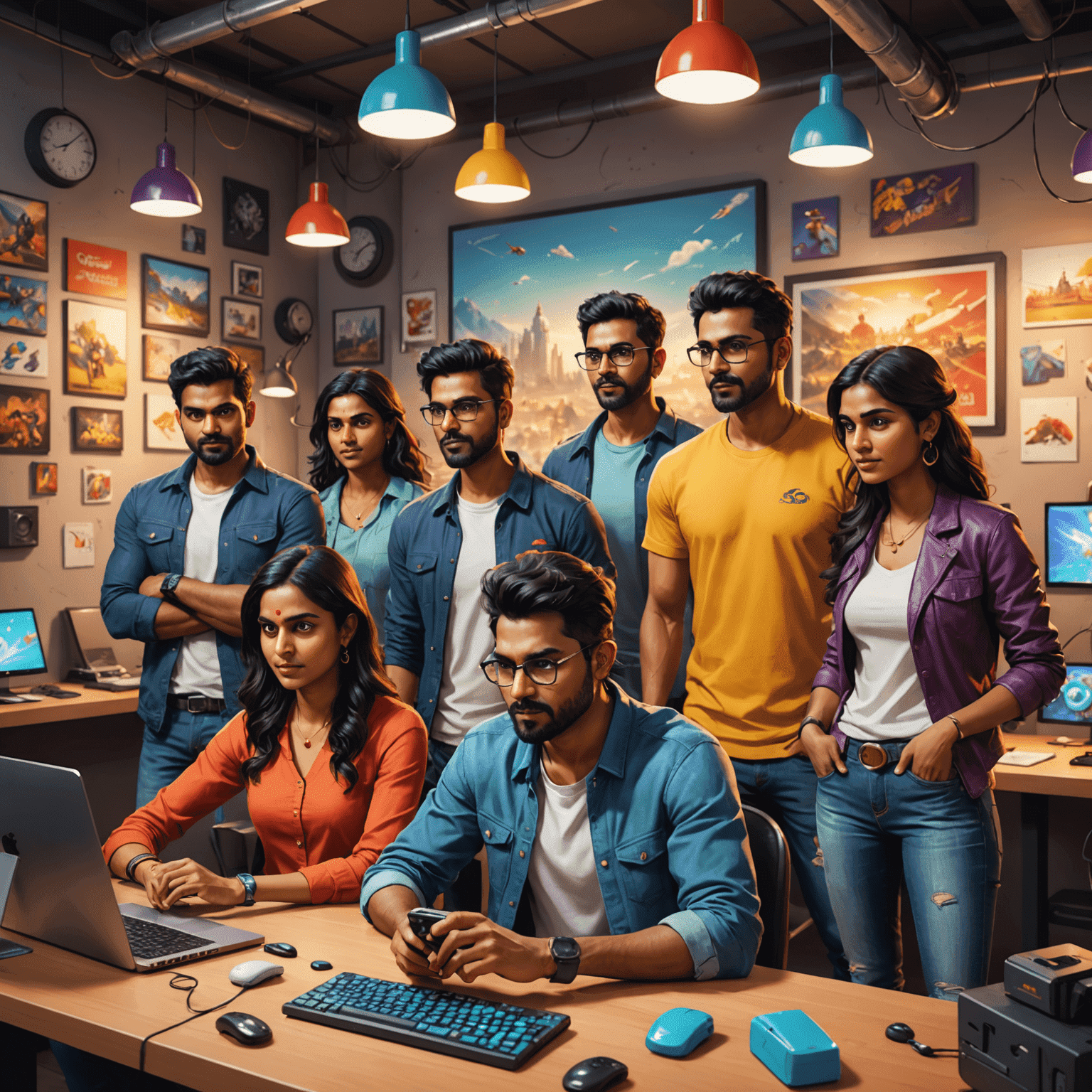 A team of diverse Indian game developers collaborating on a mobile game project, surrounded by colorful concept art and 3D models representing popular Indian themes and characters