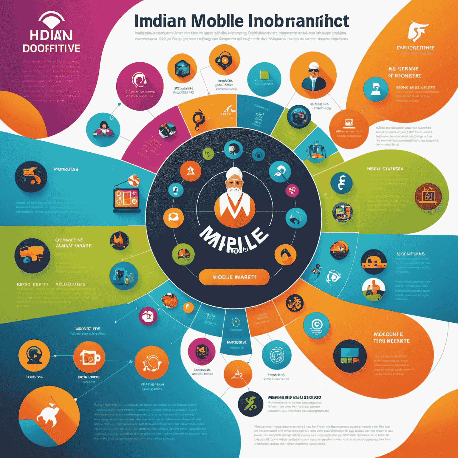 A dynamic infographic showing various aspects of the Indian mobile gaming market, including user growth, popular genres, and revenue projections. The image uses vibrant colors associated with Indian culture and modern design elements representing mobile devices and game characters.