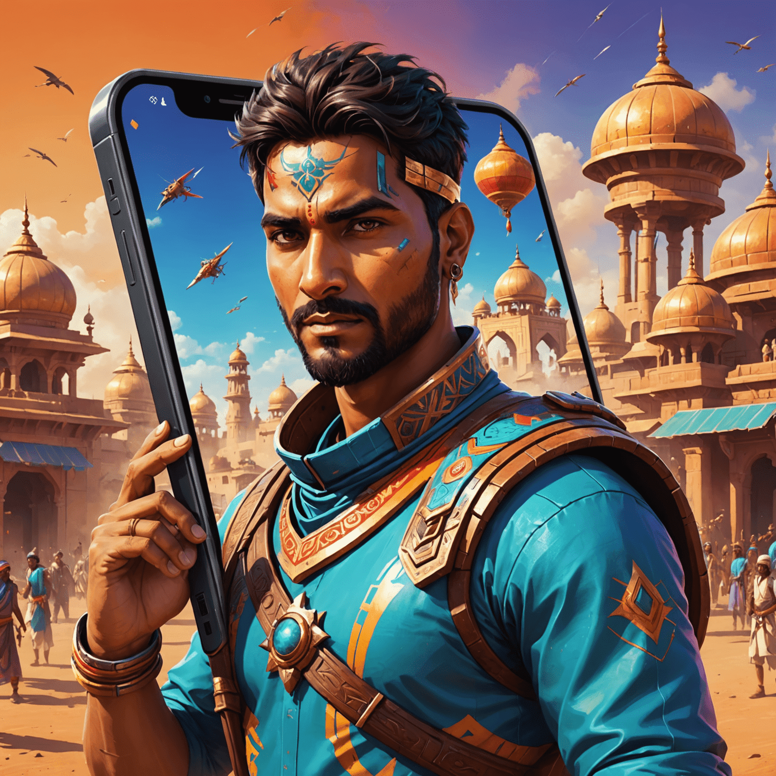 A futuristic mobile device displaying a vibrant, action-packed Indian-themed mobile game. The game features colorful graphics and traditional Indian motifs blended with modern game design elements.
