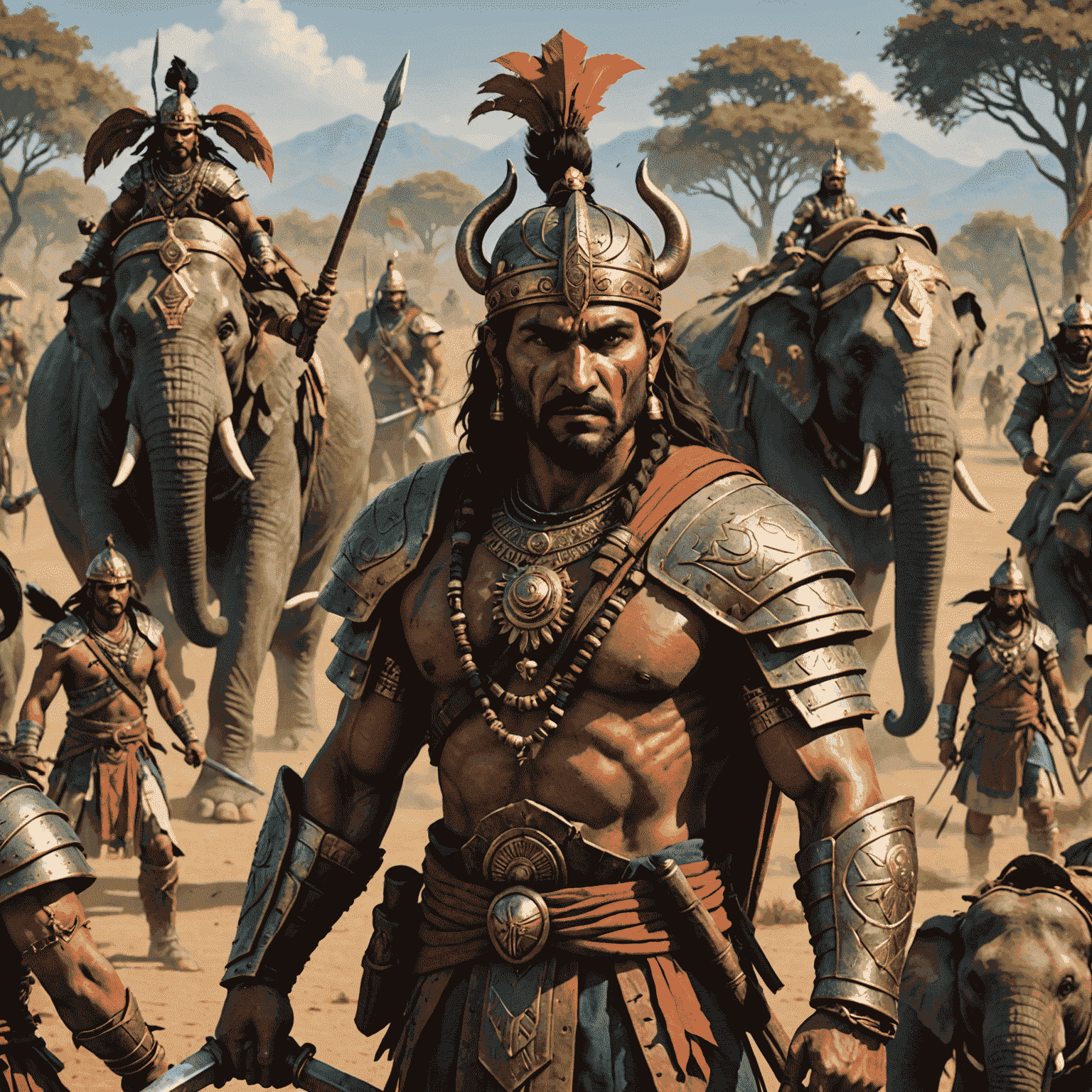 Screenshot of a strategic mobile game with ancient Indian warfare elements, showing detailed character models of warriors and elephants