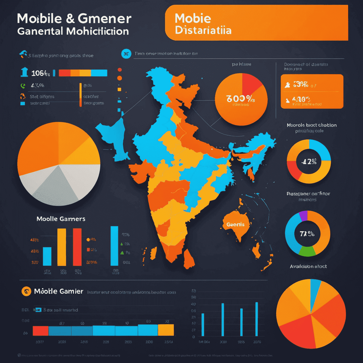 Pie charts and bar graphs illustrating the age, gender, and geographic distribution of mobile gamers in India, using vibrant colors associated with popular mobile games
