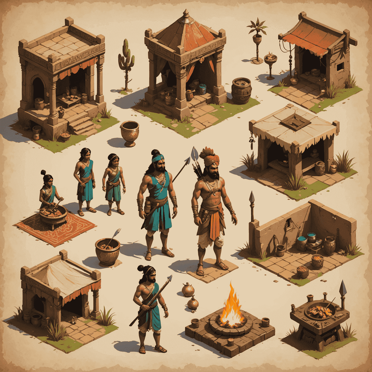 A visual representation of the game development process, showing stages from concept to launch, with Indian-themed game elements and characters evolving through each stage