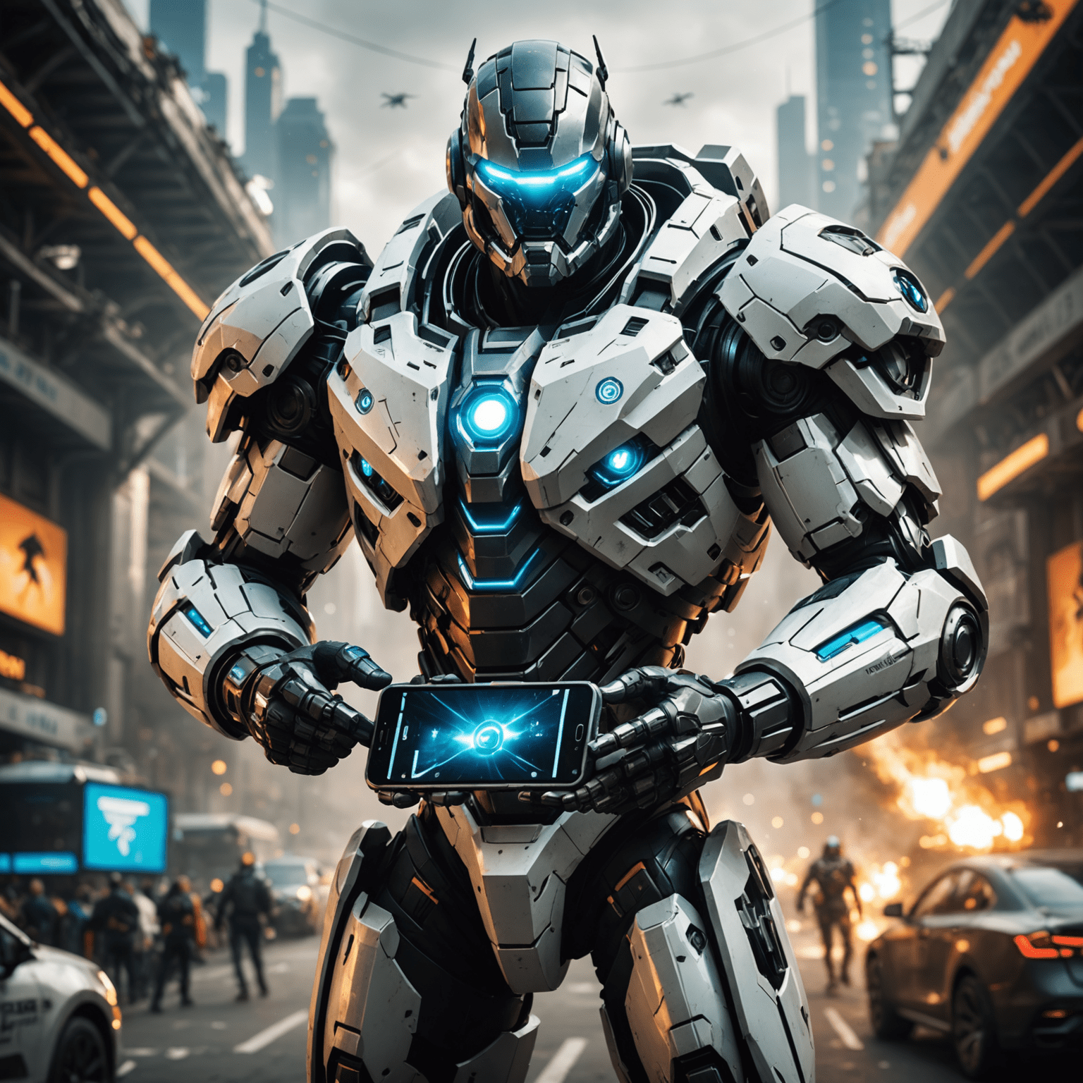 TechTitans Games logo with a futuristic titan holding a mobile device