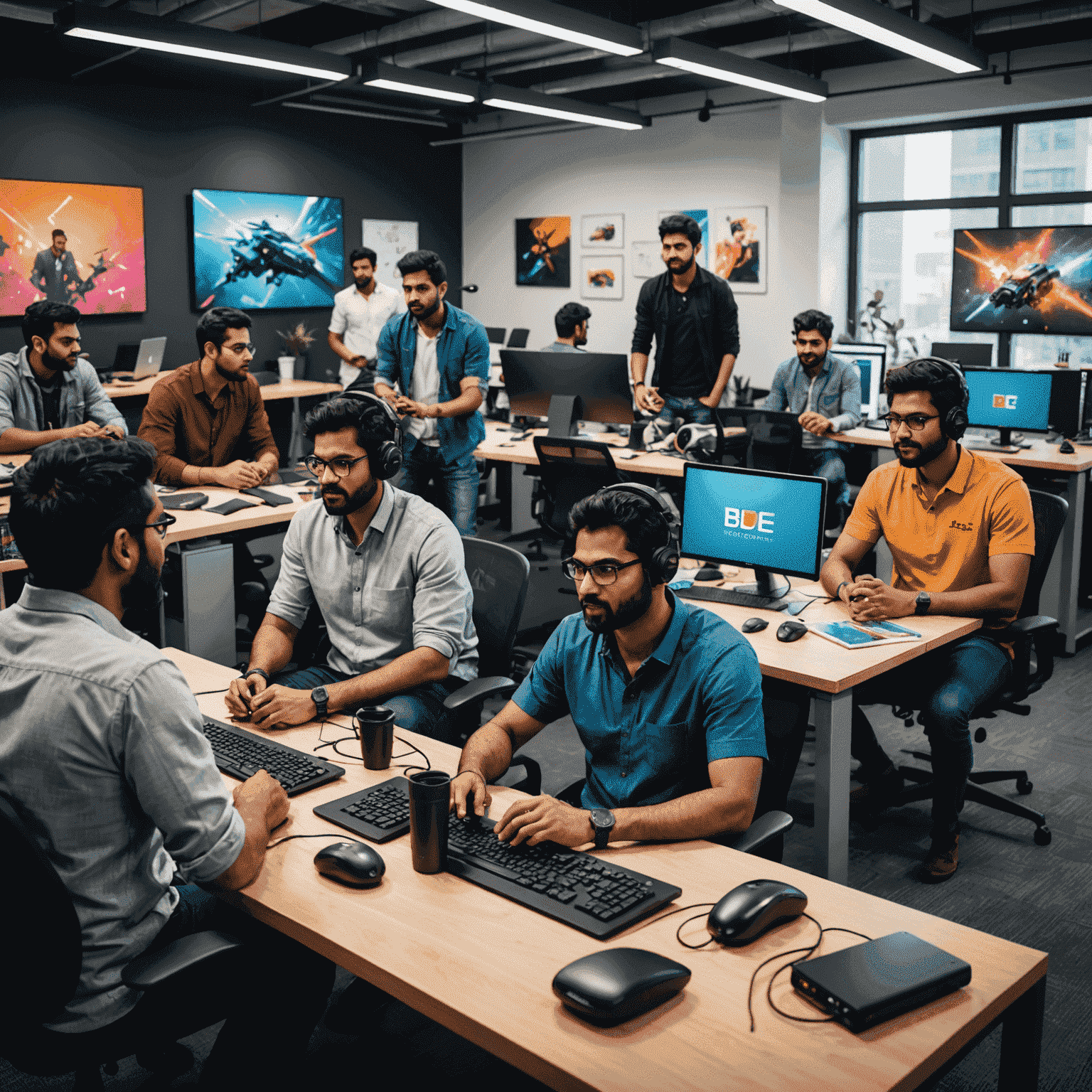 A group of diverse Indian game developers collaborating in a modern office space, surrounded by high-tech equipment and colorful concept art for mobile games.