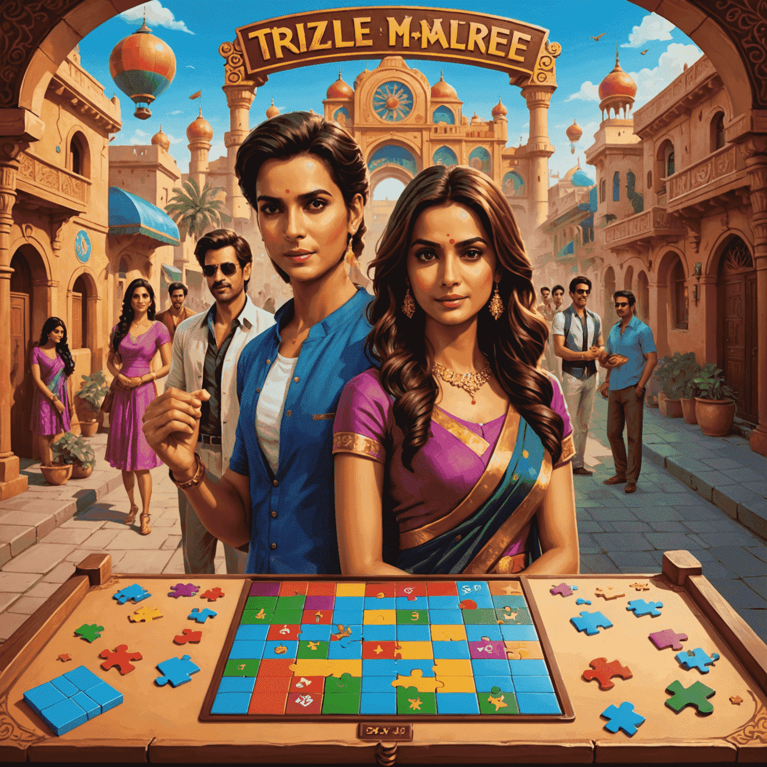 Screenshot of a puzzle game interface with Bollywood-inspired characters and movie set backgrounds
