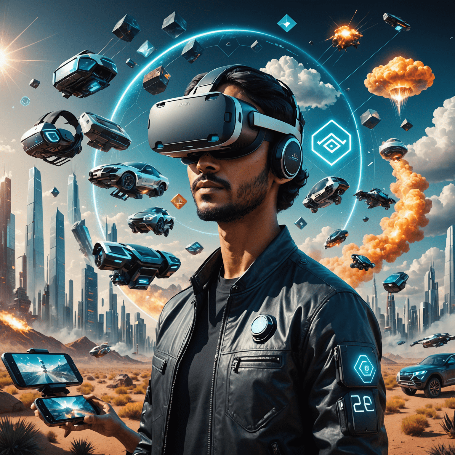Futuristic collage showcasing AR, VR, cloud gaming, and blockchain technology in mobile gaming, with Indian cultural elements integrated