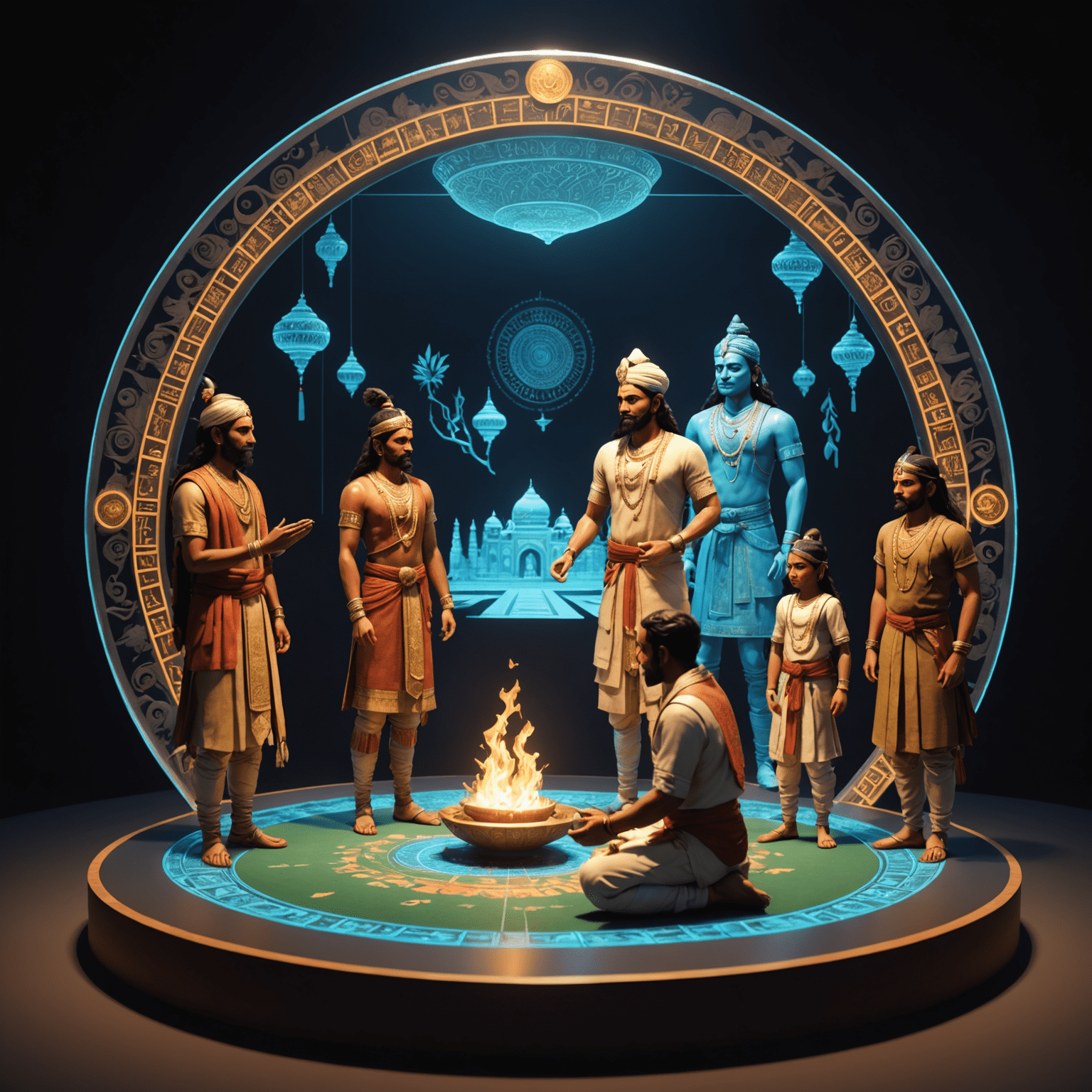 A 3D holographic display showing various Indian cultural elements and game characters, with developers using gesture controls to manipulate the designs.