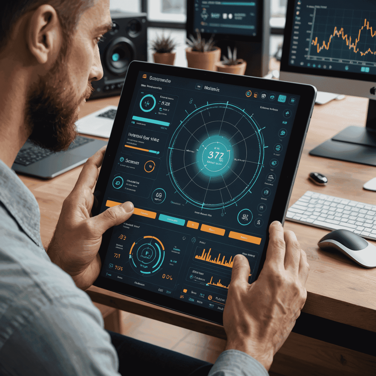 A developer using a touchscreen interface to fine-tune game mechanics, with graphs and charts displaying player engagement metrics.
