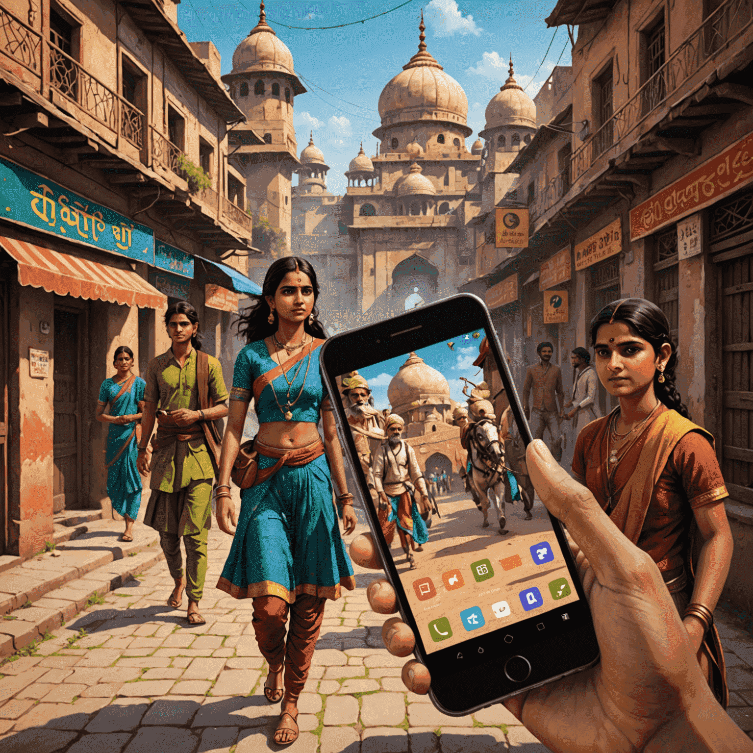 A showcase of mobile devices running games with various Indian languages and cultural elements, emphasizing localization and cultural adaptation.